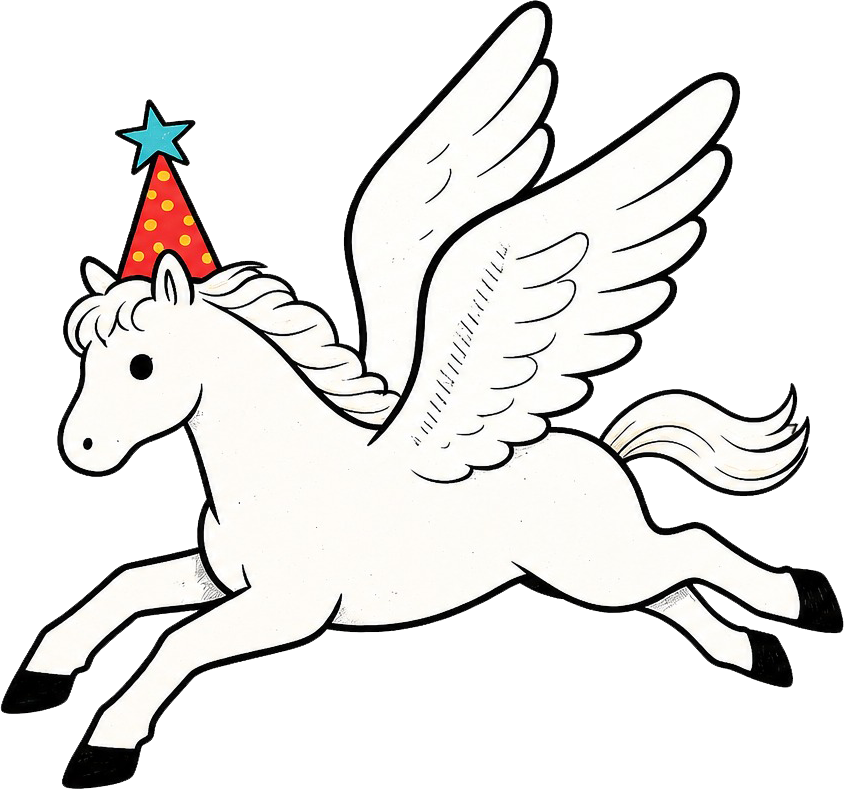 A white winged pony in a party hat, mid-leap